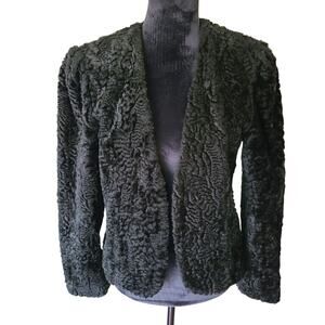 VTG Retro Jacket Womens 14 Black Faux Fur Crop Curly Lamb Coat Mobwife Downtown